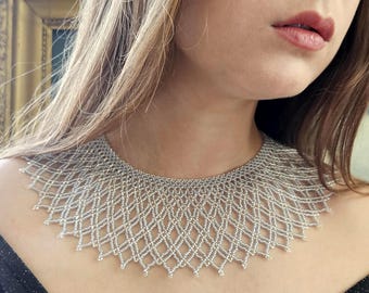 Silvery Beaded Collar Necklace – Handmade Czech Glass Statement Choker
