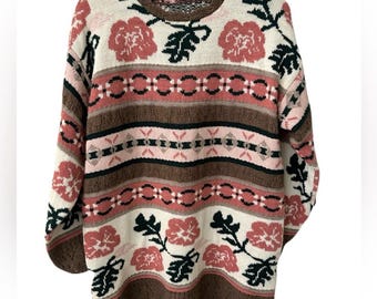 Vintage Basic Editions Floral Fair Isle Cottagecore Sweater Womens Size Medium 1990s Made in USA