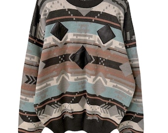 Vintage 80er Jahre Herren Größe L Geometrischer mehrfarbiger Herren Strickpullover mit Leder Akzenten