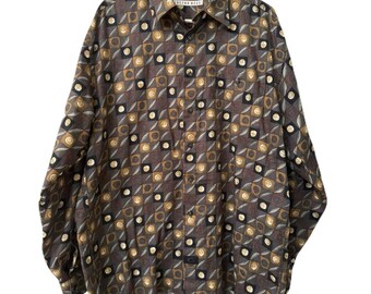 Vintage 90s Mens Size Large Geometric Cotton Reel Long Sleeve Button Down EUC Grey Black