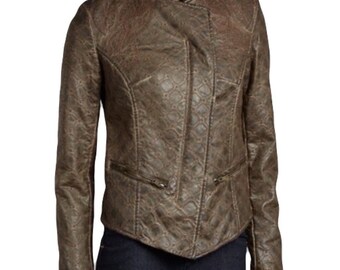 NEW Vintage Y2K Womens Size Small Allen Schwartz Brown Faux Leather Paisley & Lattice Embroidered Jacket