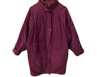 Vintage 80s Womens Size Medium Insulated Corduroy Mid-Length Coat in Fuchsia by Saxton Hall