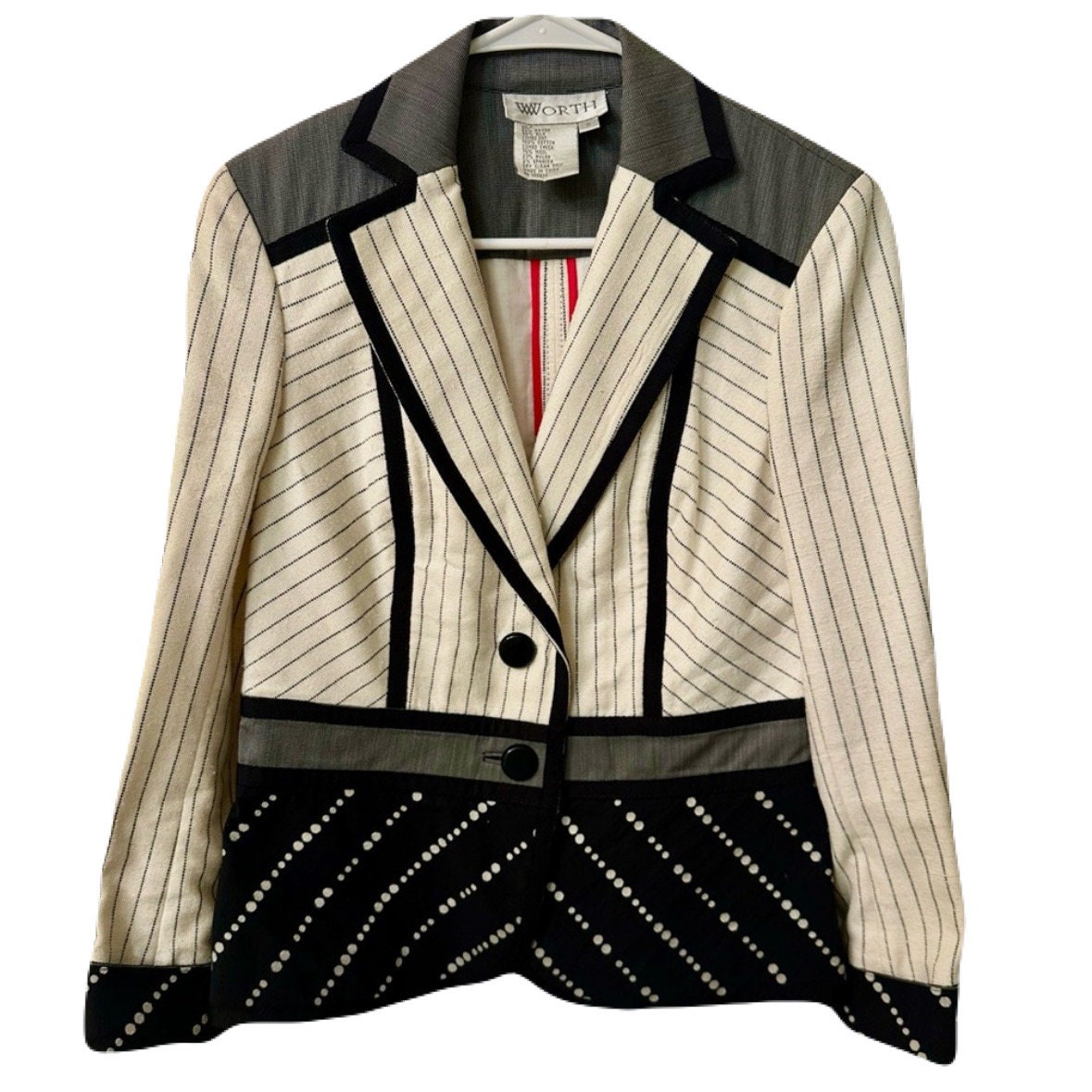 Vintage 90s Avant Grade Women's Blazer Size 6 Ivory & Black, Silk and Wool by Worth