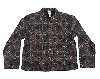 Vintage Chicos Size 1 Womens Medium Black Denim Jacket Medium Multicolor Floral Embroidery