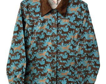 Vintage NWT Womens Size Large Western Horse All Over Print Blazer Jacket Teal Brown Faux Suede Trim