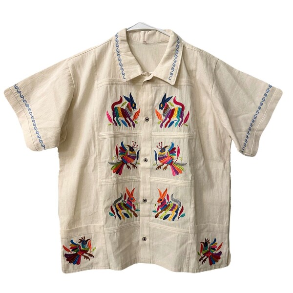 Mexican Guayabera Otomi Hand Embroidered Linen Shirt Mens Small EUC Worn Once