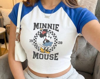 Retro Mickey Mouse Raglan Crop Top, Y2k Minnie Mouse Baby Tee