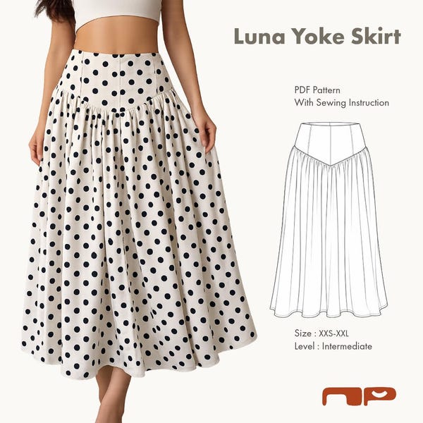 Luna Yoke Skirt Pattern, Gathered Maxi/Midi, Flowy Silhouette, XXS-XXL (Digital Download)