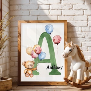 Personalized Nursery Teddy Bear wall print, Custom Teddy bear Nursery wall decor, Hot air balloon, Teddy Bear sleeping in the cloud print