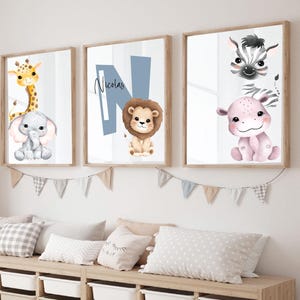 Personalized Safari nursery print, Baby safari animal wall art , Personalized lion Name prints, Downloadable Elephant giraffe zebra and lion