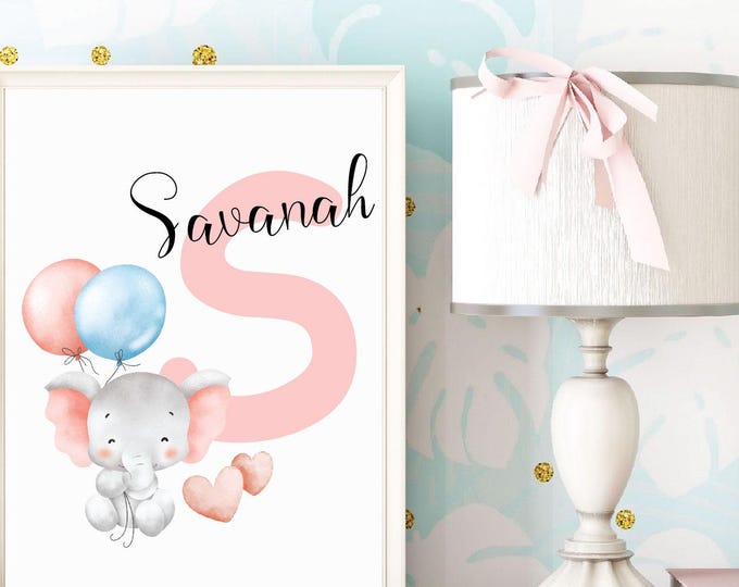 Personalized woodland Nursery wall print , Baby giraffe, baby lion cub, Baby elephant