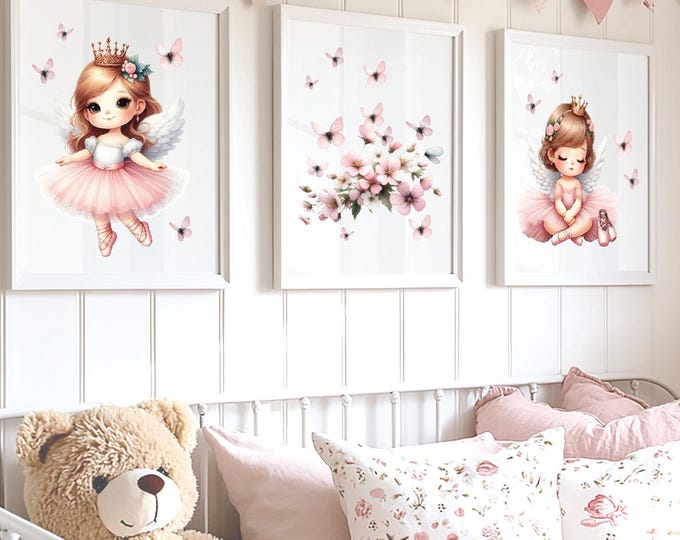 Ballerina Nursery Wall Art, Ballet dancer art print, Flowers and butterfly Ballet Dancer wall Print, Ballerina for little girls print