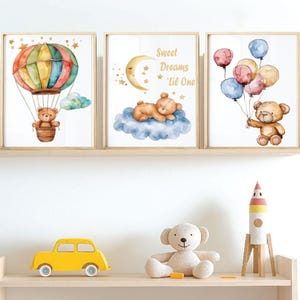 Teddy Bear Nursery wall Prints, Sweet Dreams Little One, Gender Room Decor, Colorful  Printable Wall Art,  Stars and Hot air Balloon Prints