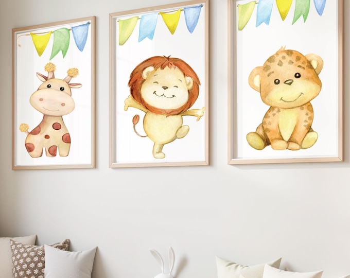 Woodland Nursery wall prints, Cute baby lion cub, Baby cheetah, Baby Giraffe