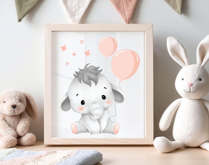 Elephant wall print, Elephant with pink balloons for  nursery wall art, Elephant for girls bedroom wall print