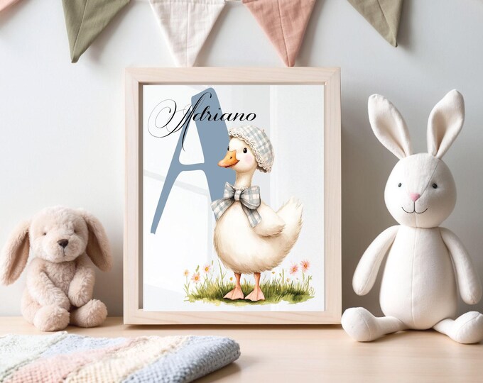 Duck Nursery wall art, Personalized Name wall print, Duck pink bow art print, Duck with blue hat Barret wall art