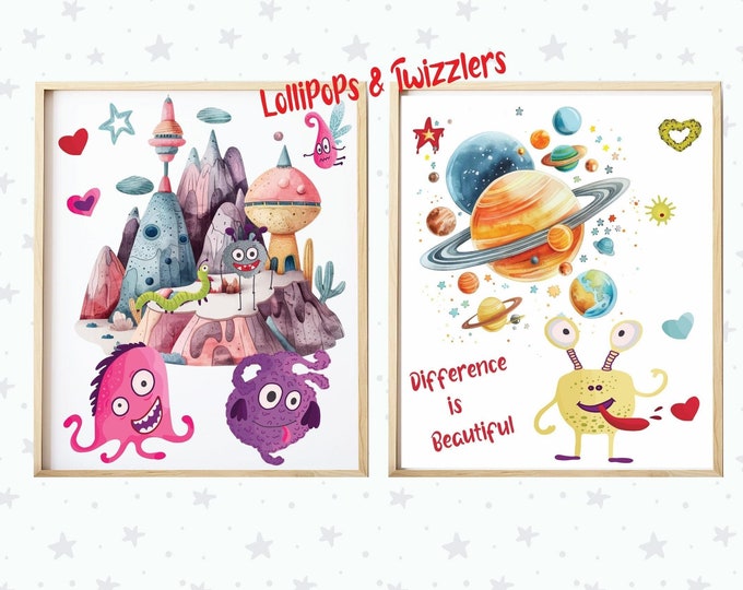 Monster Nursery wall prints , Alien Fun in Nursery , Space Fun with Monsters Wall print