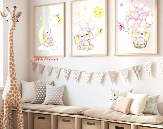 Elephant Nursery wall prints, Elephant with balloons , Stars and hearts, girls wall print nursery