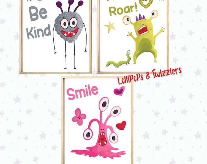 Monster nursery wall prints / colourful cute nursery monster kids room / digital download