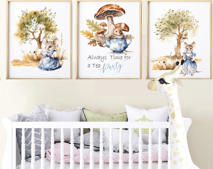 Mice nursery wall print, tea party in the forest, Woodland tea party with mice Nursery wall print