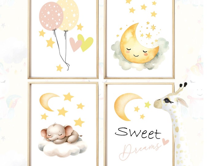 Elephant sleeping in the clouds  wall print , Gender neutral print , Moon and stars art print