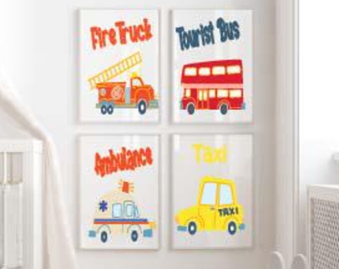 Education nursery wall prints, Firetruck, tourist bus, ambulance and Yellow taxi cab, Education wall prints