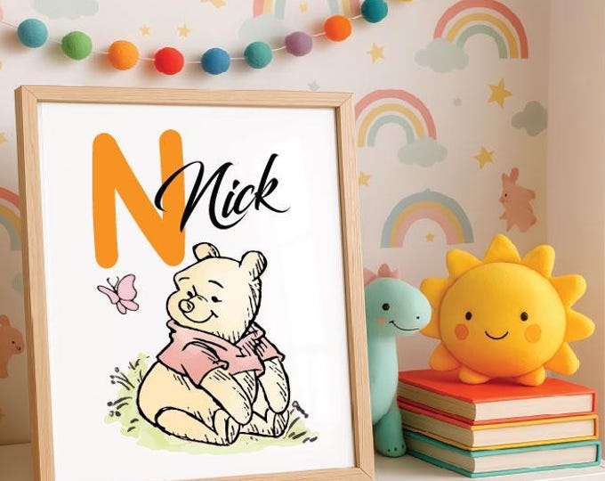 Personalized Winnie the Pooh Nursery wall Print, Baby Winnie the Pooh with butterfly , Custom Nursery Print