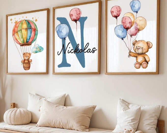 Teddy Bear Wall nursery print, Personalized Teddy bear art print, Custom name for Girl and boys Bedroom print, Hot air Balloon art print