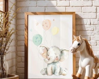 Nursery Elephant print , Elephant with Balloons wall art