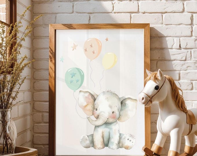 Nursery Elephant print , Elephant with Balloons wall art