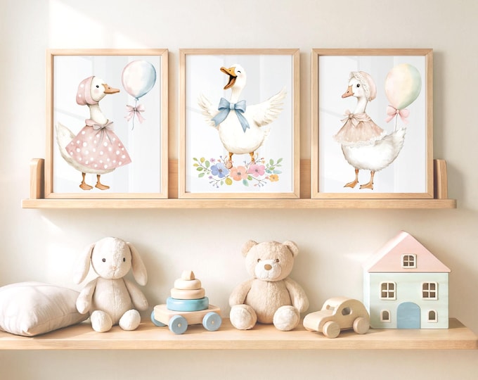 Silly Goose Nursey Wall print, Goose with balloons wall art , Flower Vintage Mother Goose Decor , Silly goose bedroom art