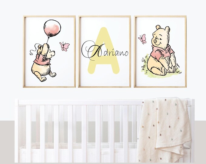 Personalized Winnie the Pooh wall prints, Winnie the pooh with balloon wall print , Winnie the pooh with butterfly and balloon
