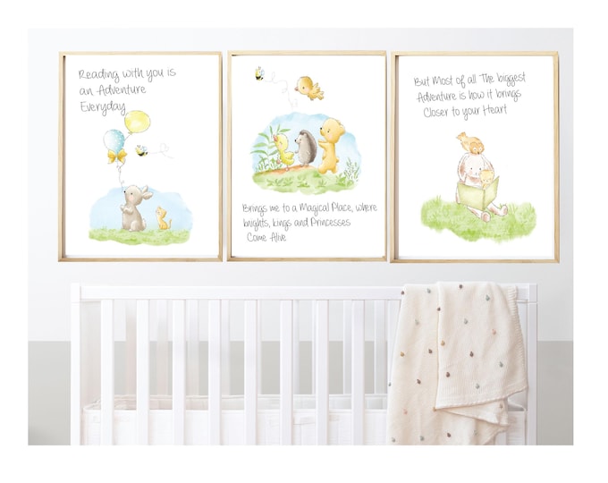 Bunny Nursery prints,  Classic woodland nursery artwork , Set of 3 Cute Bunny Mothers Reading to the birds