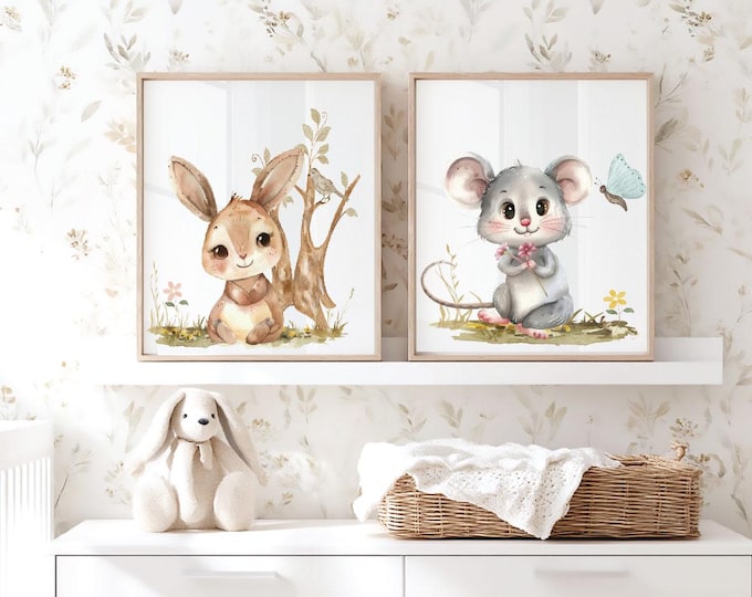 Nursery wall print, Woodland art  with bunny and mouse
