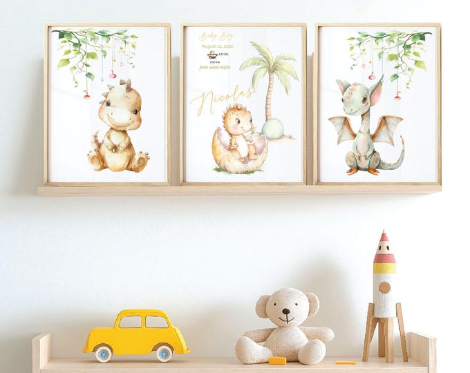 Personalized Dinosaur Baby boy Birthdate wall prints, Set of 3 Cute dinosaurs, Nursery Posters