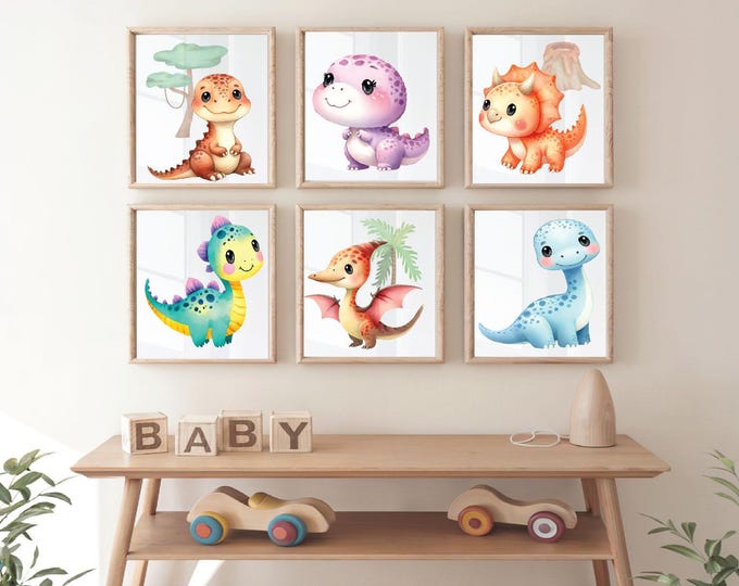 Dinosaur Nursery wall prints, Set of 6 Cute dinosaurs, Nursery Posters