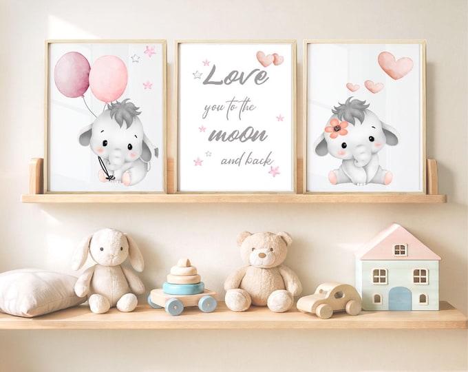 Love you to the Moon and Back wall prints , Elephant nursery wall prints with Balloons and stars