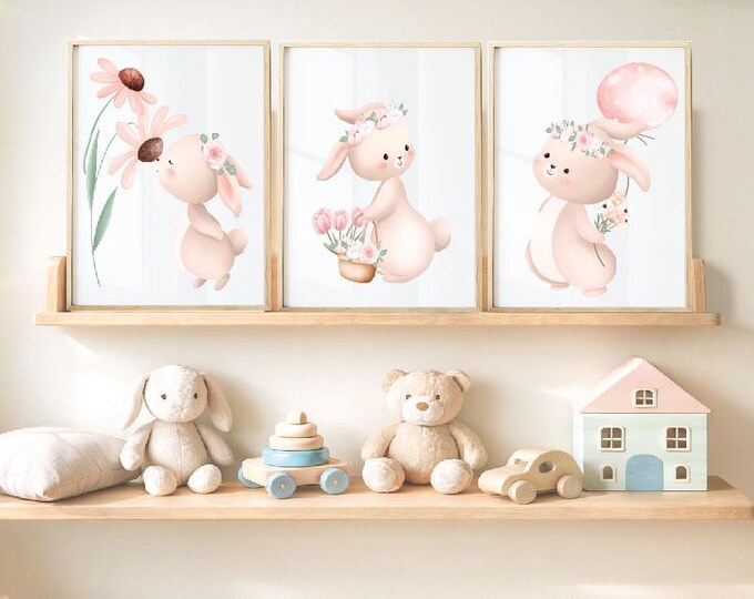 Bunny nursery wall print , Bunny with flower crown print, Wildflower wall print, Bunny with flower basket print, Little girls bunny print