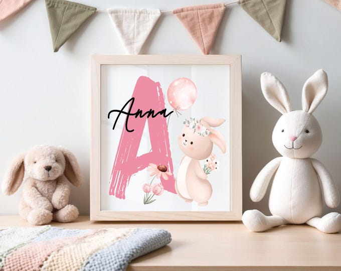 Nursery Bunny print, Personalized Bunny with Flower crown print , Nursery Bunny with Flowers art print