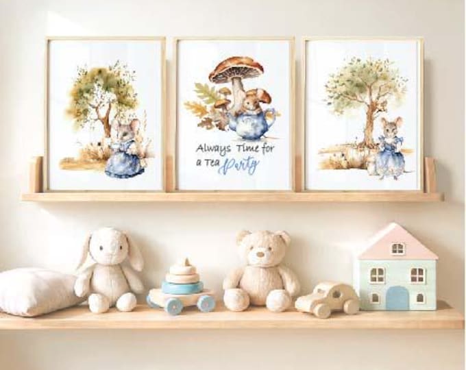 Mice nursery wall print, tea party in the forest, Woodland tea party with mice Nursery wall print