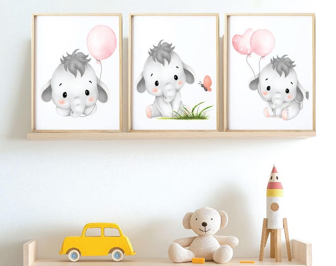 Elephant Nursery wall prints, Elephant with balloons ,  girls wall print nursery