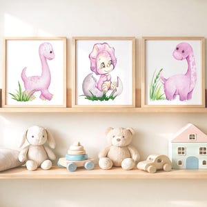 Pink Dinosaur Nursery wall prints, Set of 3 Cute dinosaurs, Nursery Posters