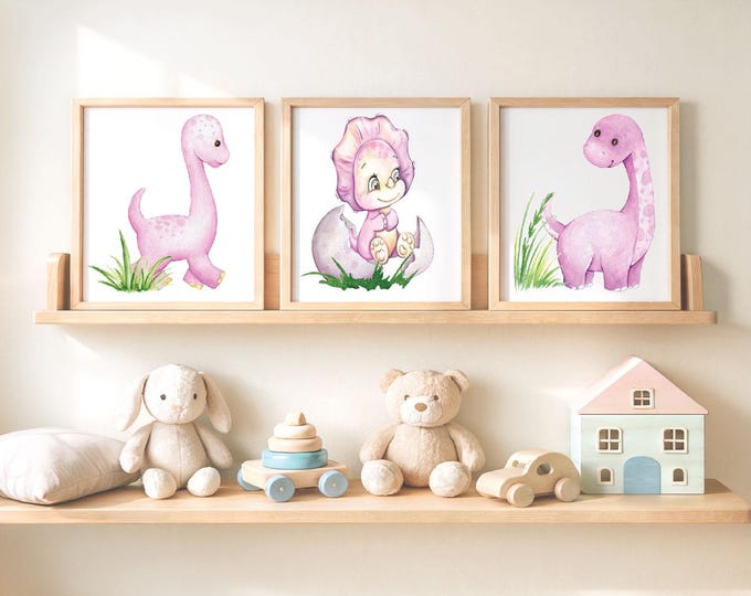 Pink Dinosaur Nursery wall prints, Set of 3 Cute dinosaurs, Nursery Posters