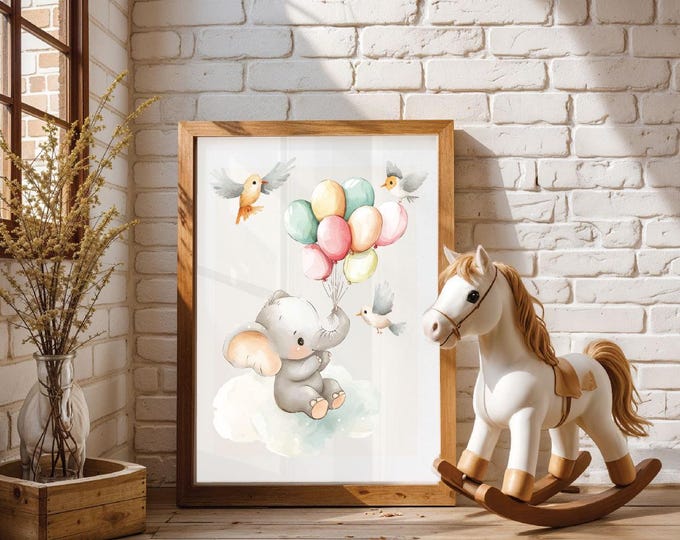Elephant Nursery print, Elephant playing with balloons , Gender Neutral Elephant wall art , Watetcolor elephant for nursing room art print