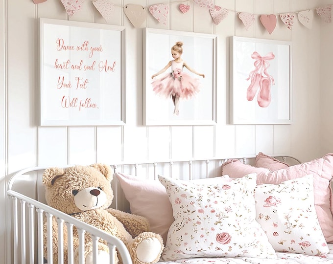 Ballerina nursery wall art , Set of 3 Pink Ballet Prints , Watercolor decor for girls room