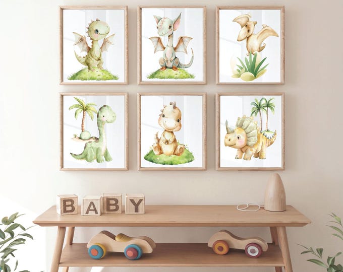 Dinosaur Nursery wall prints, Set of 6 Cute dinosaurs, Nursery Posters
