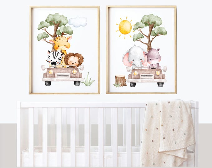 Safari Nursery wall print,  Baby  Giraffe with lion and zebra , Safari Car ride with friends, gender neutral prints