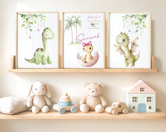 Personalized Dinosaur Baby Girl Birthdate wall prints, Set of 3 Cute dinosaurs, Nursery Wall Prints