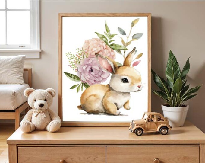 Bunny rabbit  Nursery wall print /  woodland bunny digital wall print / Flower nursery wall prints