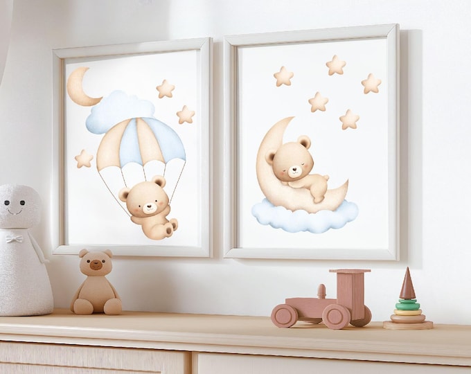 Teddy Bear Nursery wall prints, Bear sleeping on the moon with the stars